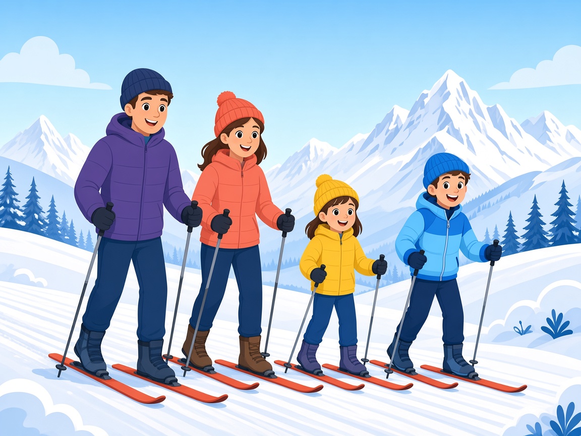 A family of cartoon cross-country skiers on a snowy trail